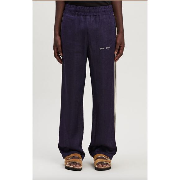 PALM ANGELS Classic Logo Striped Linen Track Pant Navy Off White - Picture 3 of 7
